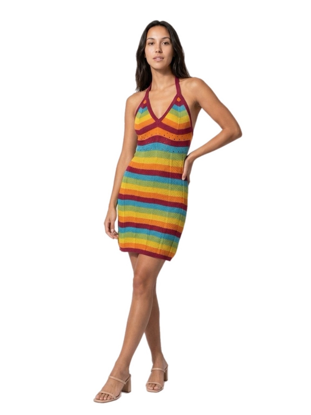 Y2K Multicolor Rainbow Knit Halter Dress‎ Summer S/M